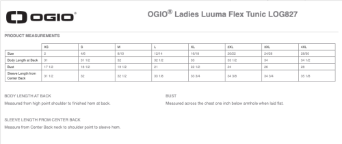 OGIO Luuma Tunic Size Chart